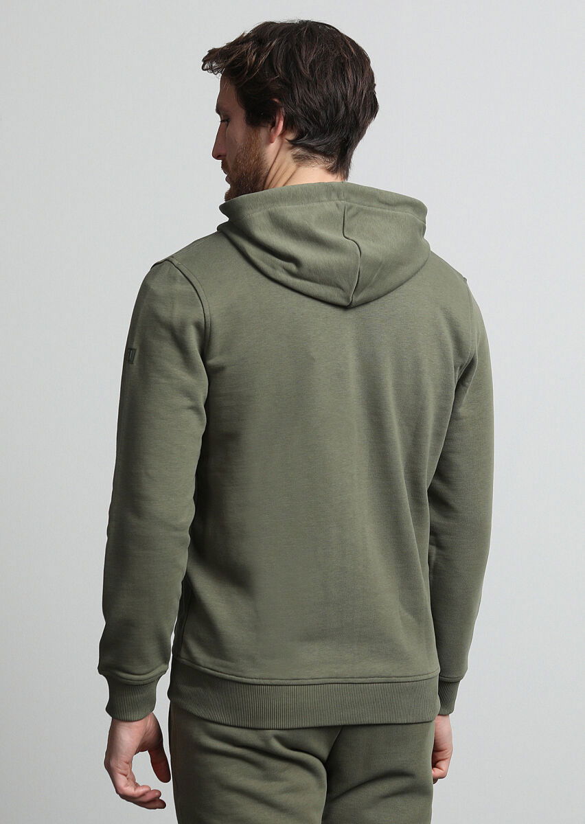 Haki Kapüşonlu Düz Sweatshırt - 4