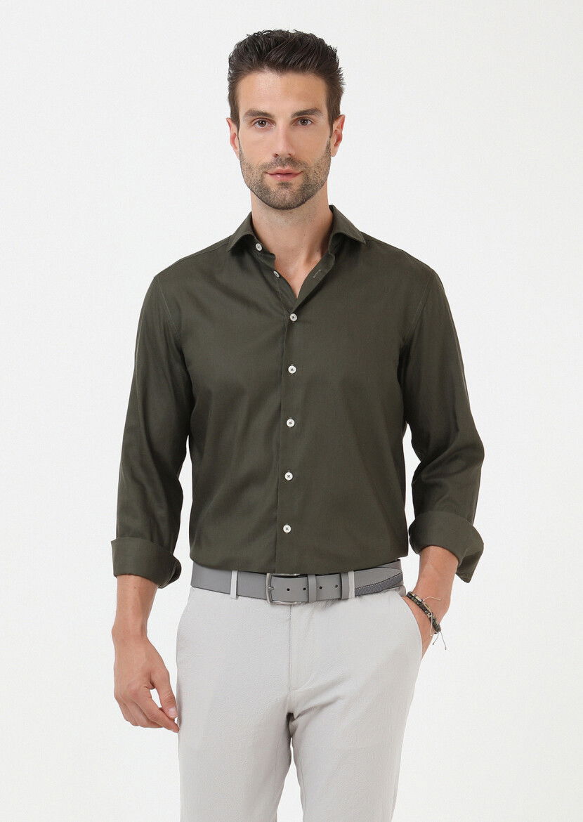 Haki Regular Fit Dokuma Casual Pamuk Karışımlı Gömlek - 2