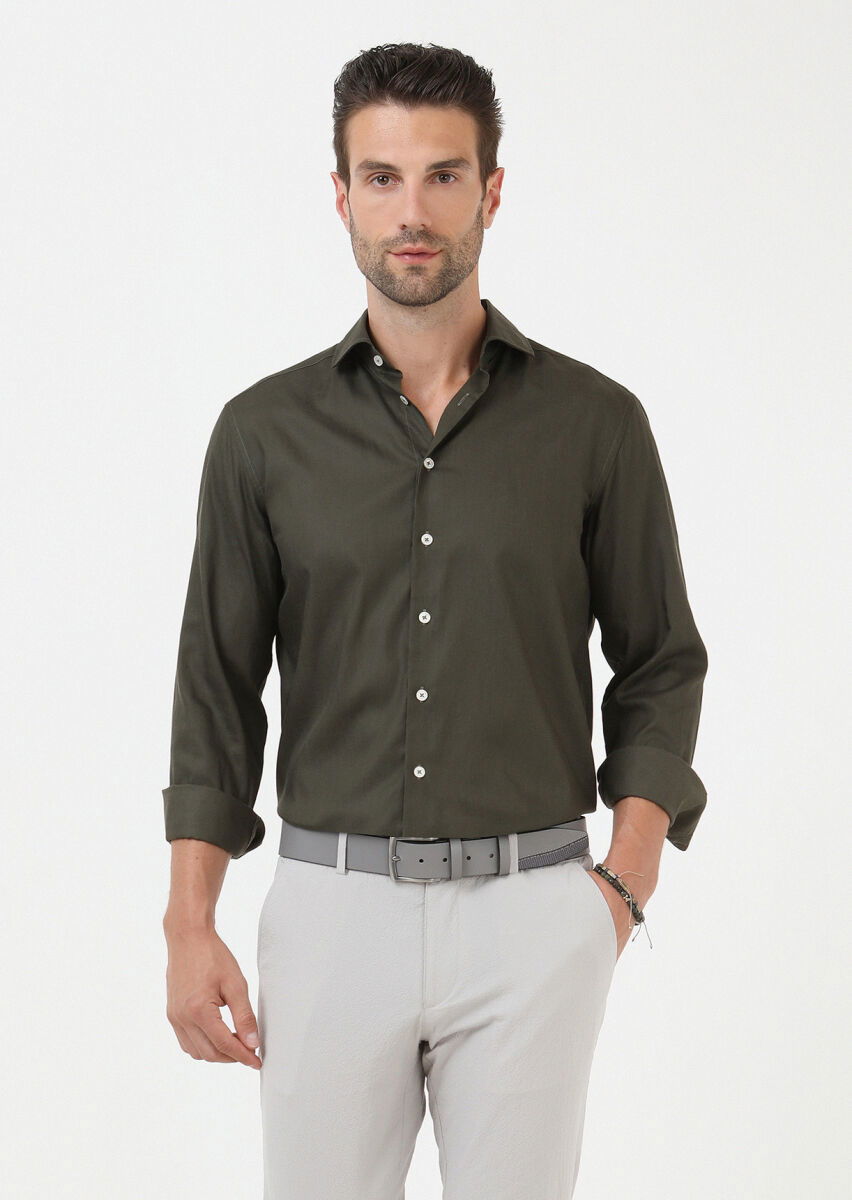 Haki Regular Fit Dokuma Casual Pamuk Karışımlı Gömlek - 2