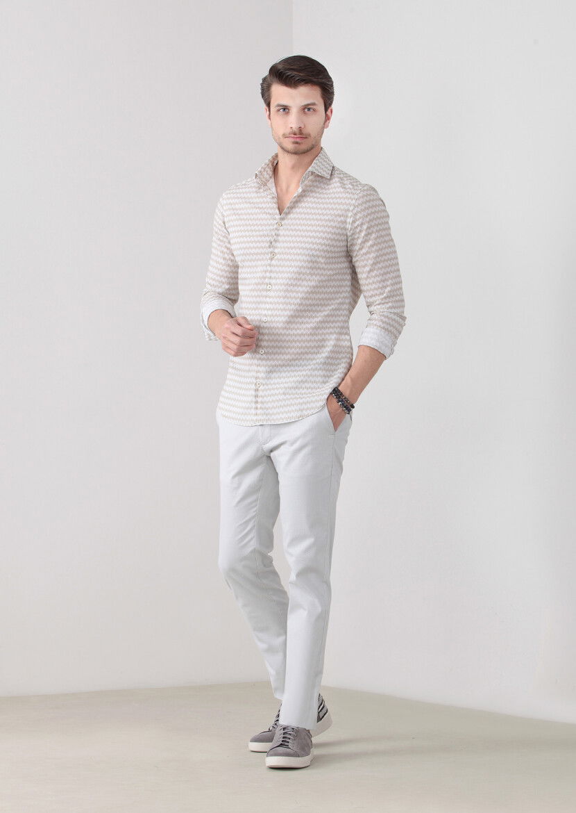 Hardal Baskılı Slim Fit Dokuma Casual %100 Pamuk Gömlek 