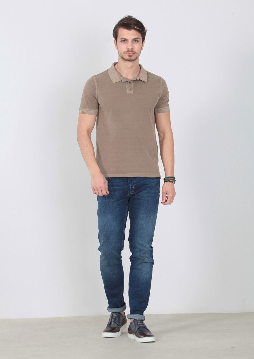 Hardal Düz Polo Yaka %100 Pamuk T-Shirt - 1