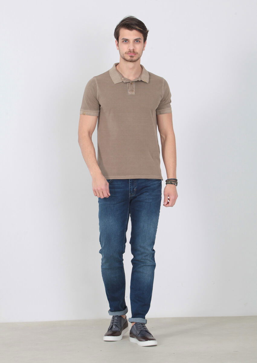 Hardal Düz Polo Yaka %100 Pamuk T-Shirt - 1