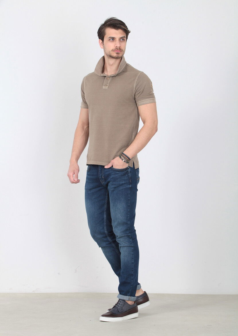 Hardal Düz Polo Yaka %100 Pamuk T-Shirt - 4