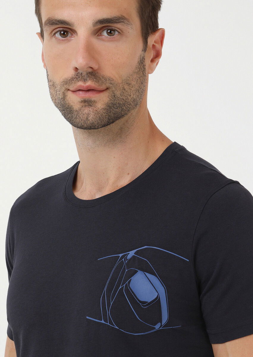 İndigo Baskılı Bisiklet Yaka %100 Pamuk T-Shirt - 2