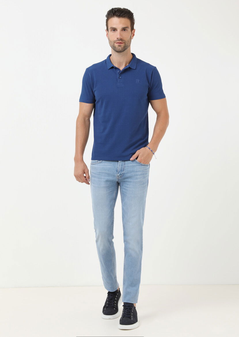 İndigo Baskılı Polo Yaka %100 Pamuk T-Shirt - 2
