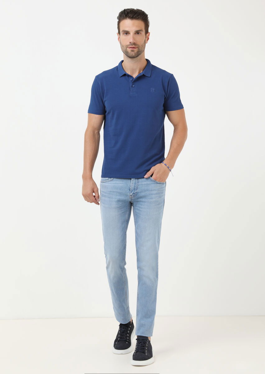 İndigo Baskılı Polo Yaka %100 Pamuk T-Shirt - 2