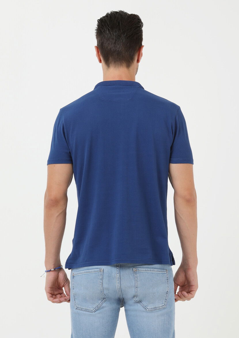 İndigo Baskılı Polo Yaka %100 Pamuk T-Shirt - 4
