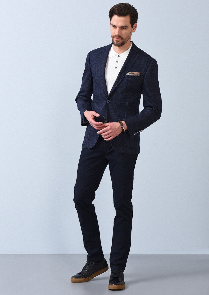 İndigo Çizgili Zeroweight Slim Fit %100 Pamuk Örme Ceket - 3