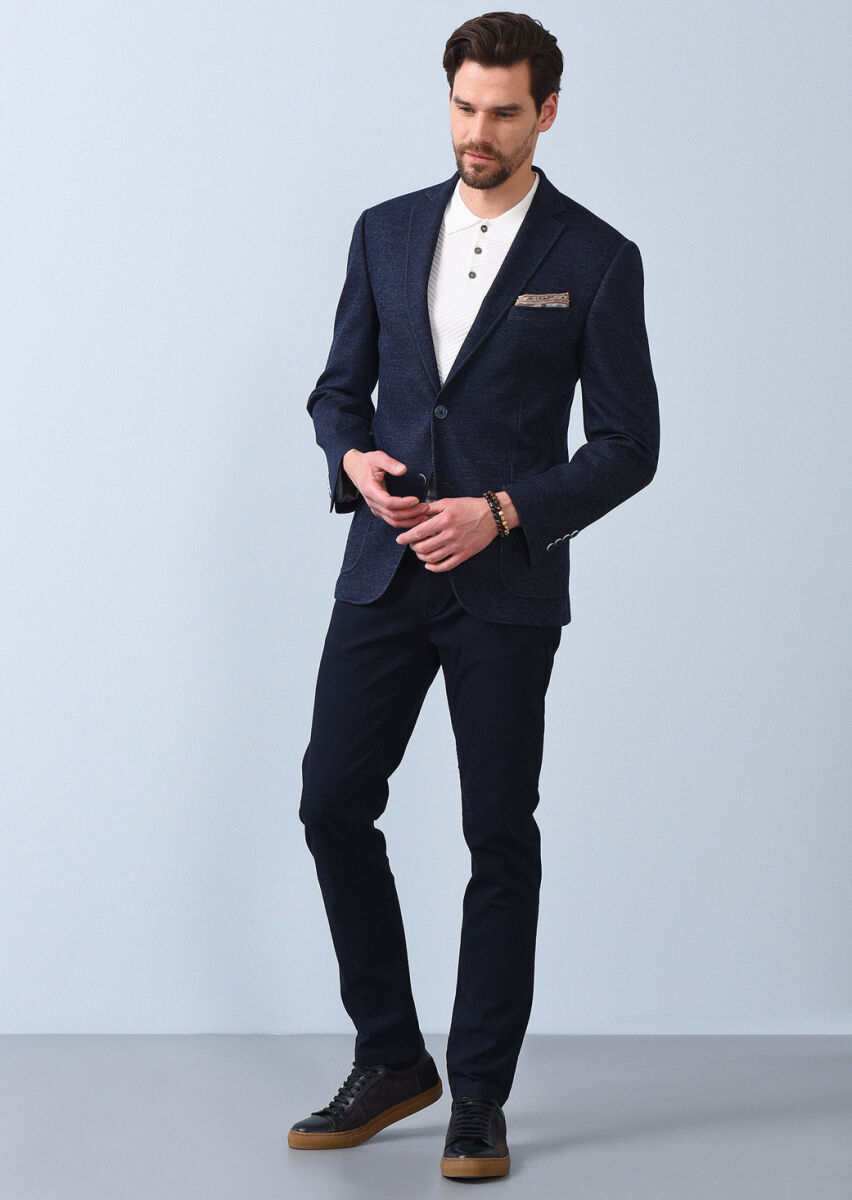İndigo Çizgili Zeroweight Slim Fit %100 Pamuk Örme Ceket - 3