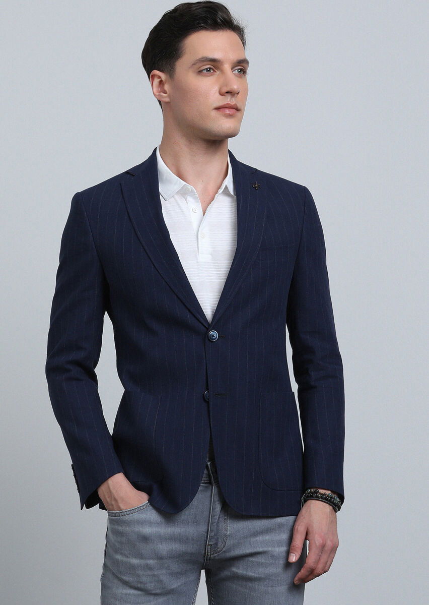 İndigo Çizgili Zeroweight Slim Fit Pamuk Karışımlı Ceket - 1