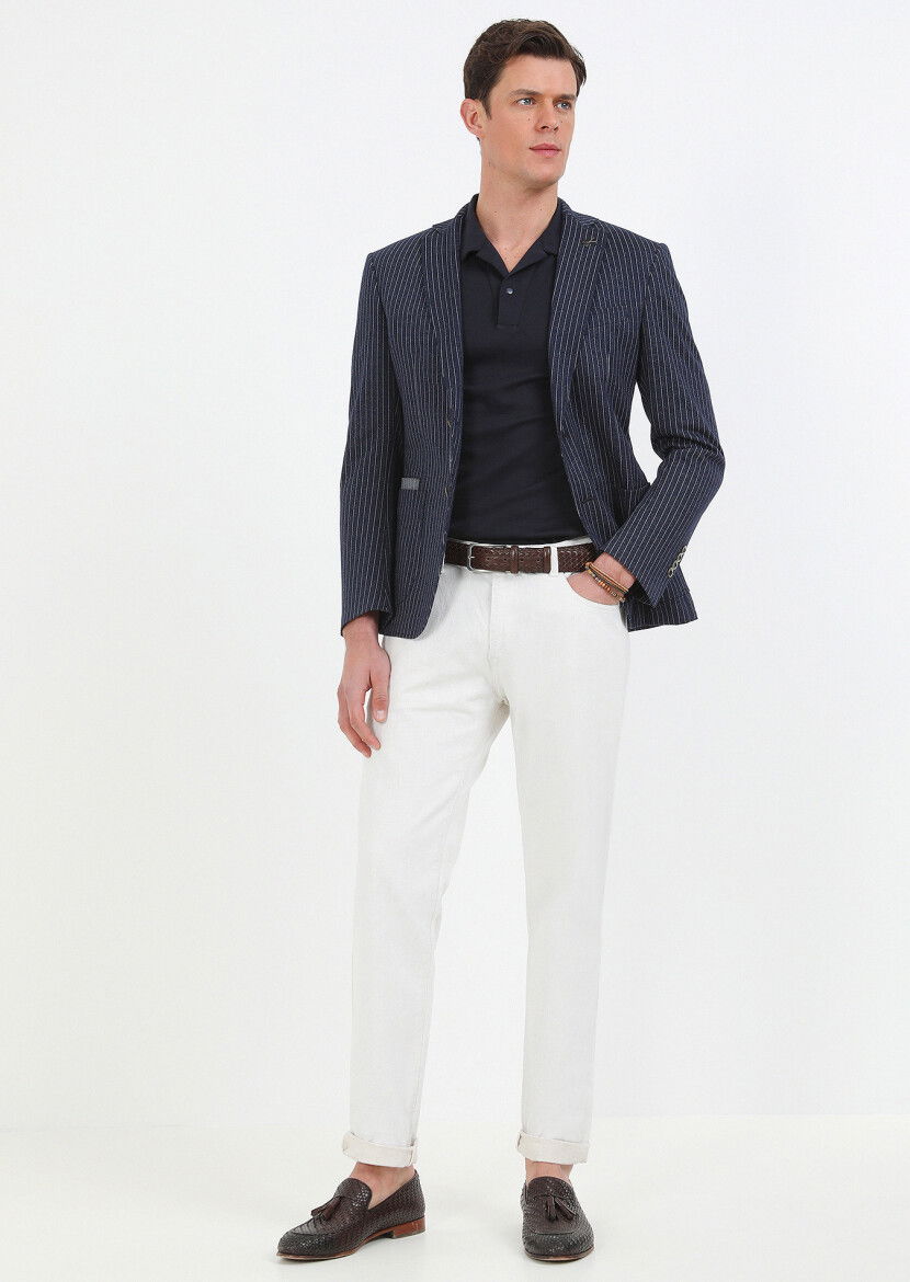 İndigo Çizgili Zeroweight Slim Fit Pamuk Karışımlı Örme Ceket - 1