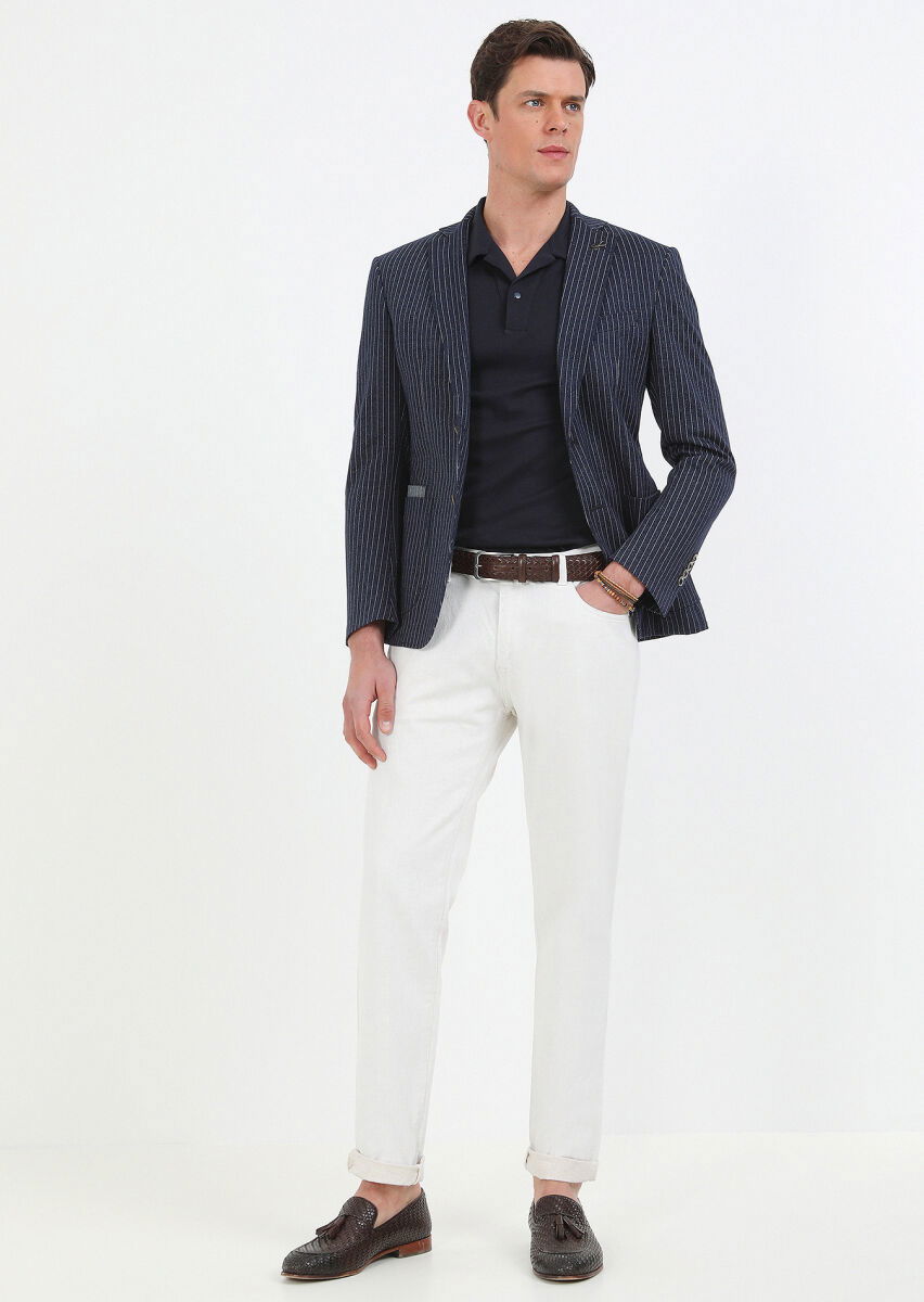 İndigo Çizgili Zeroweight Slim Fit Pamuk Karışımlı Örme Ceket - 1