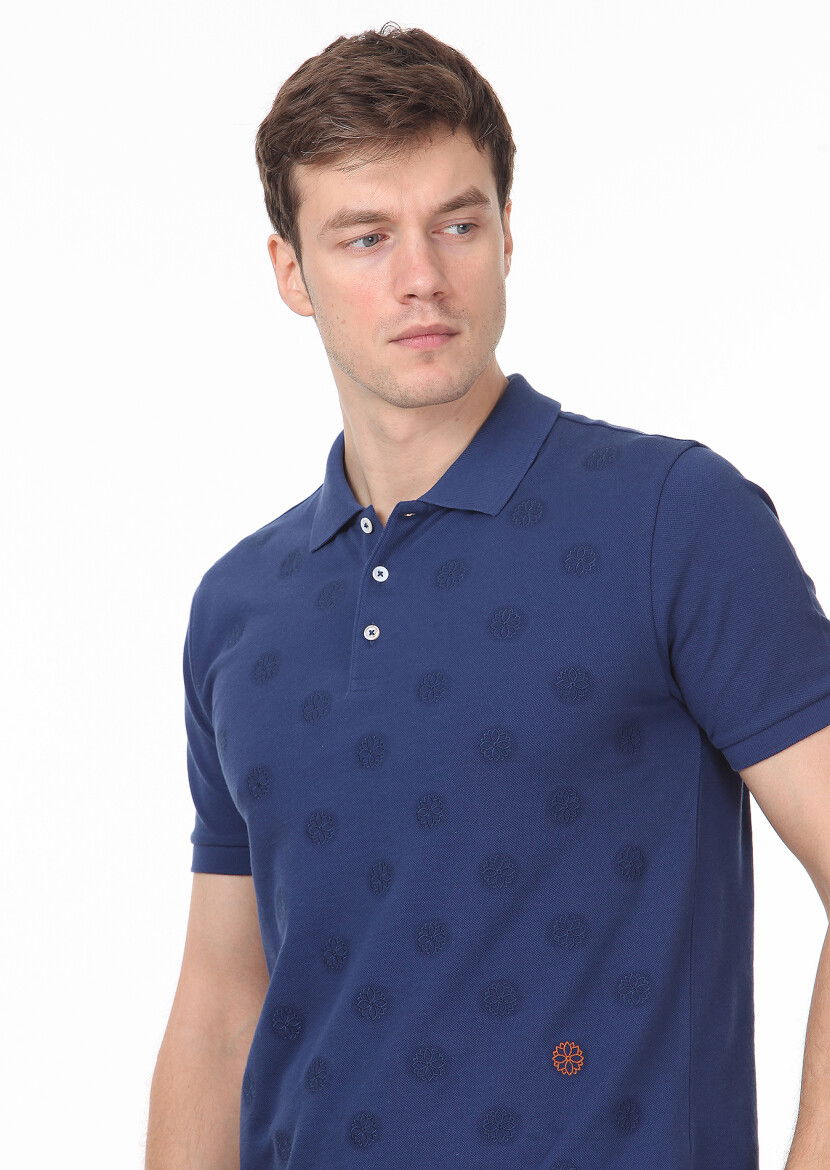 İndigo Desenli Polo Yaka %100 Pamuk T-Shirt 