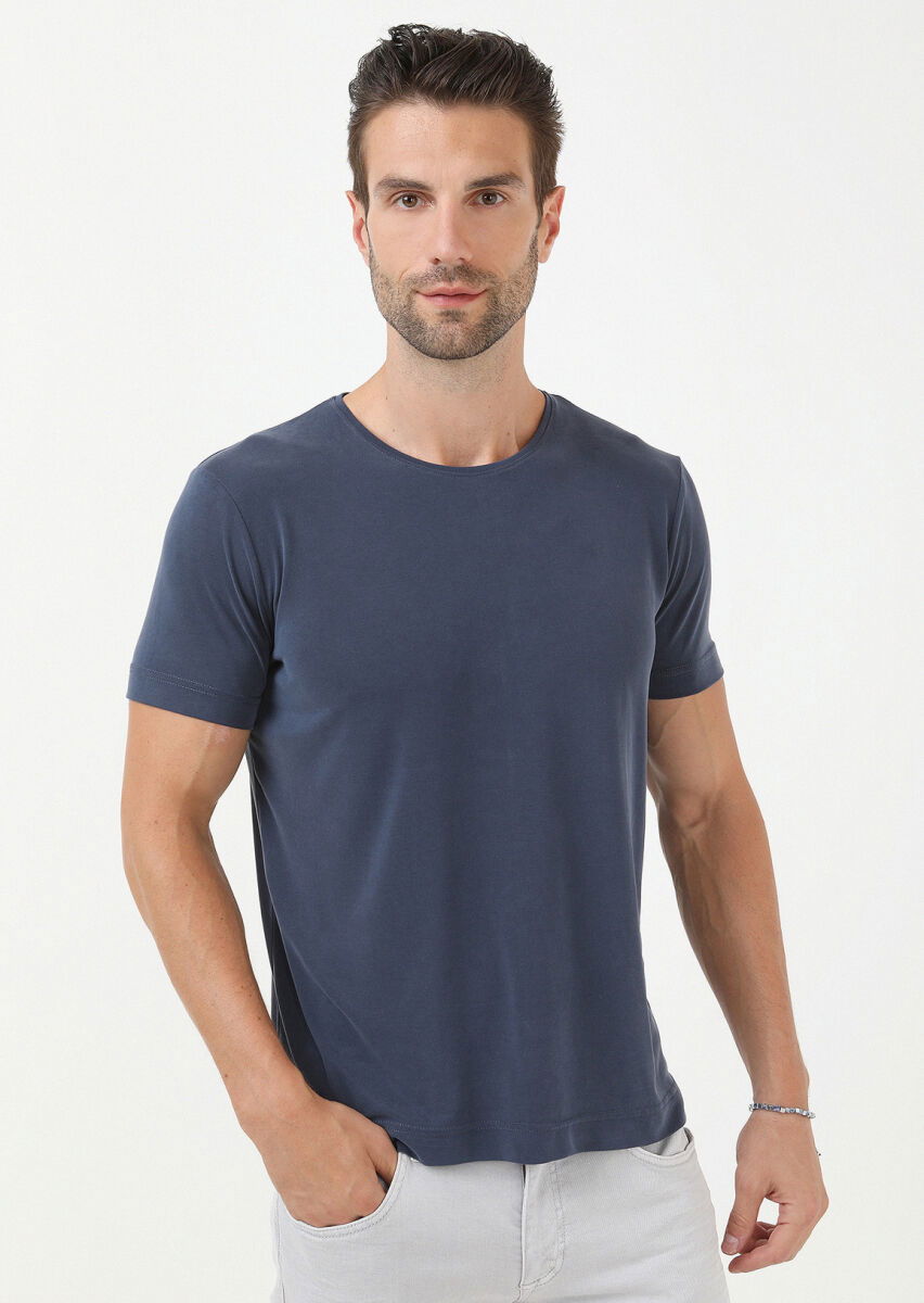 İndigo Düz Bisiklet Yaka %100 Pamuk T-Shirt - 1