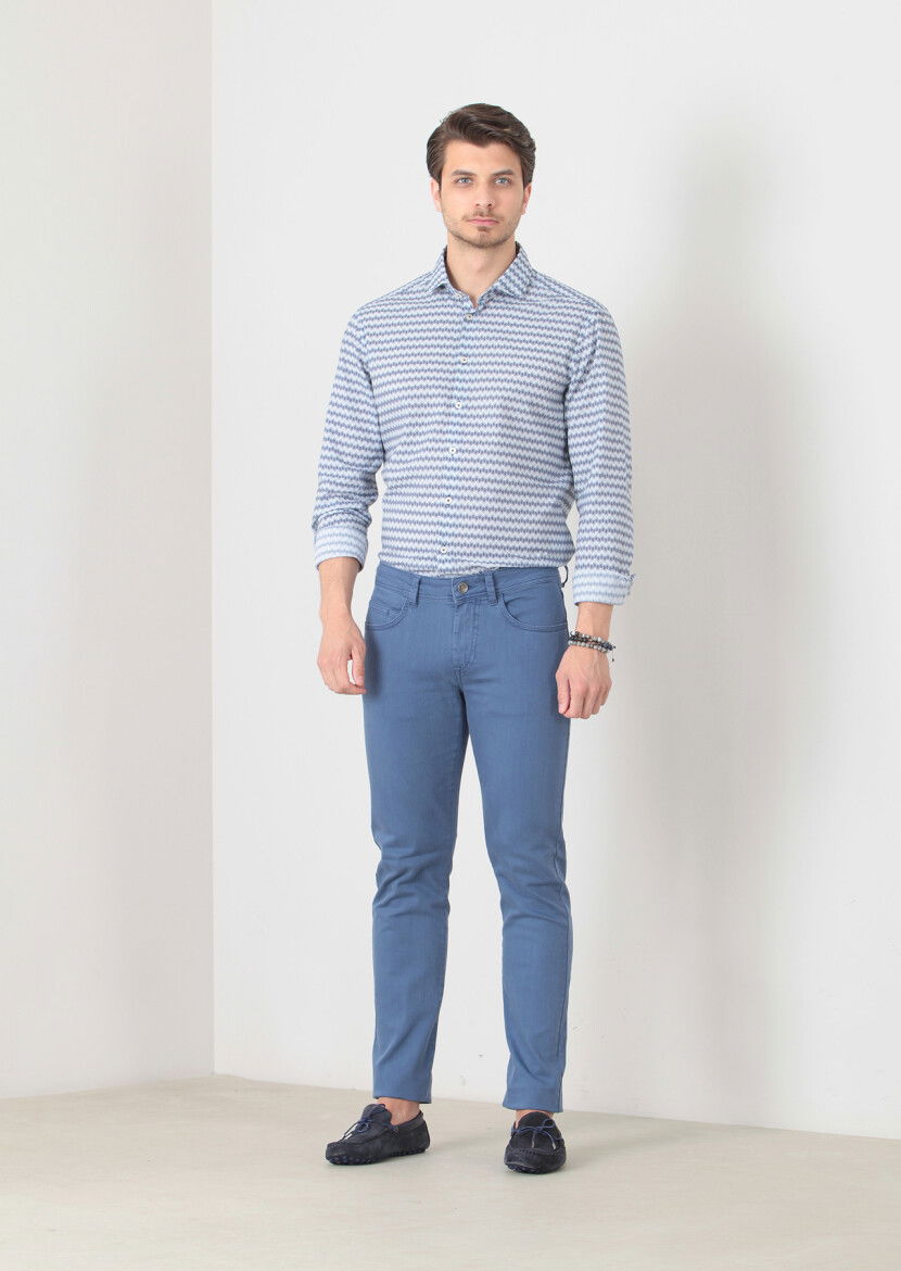 İndigo Düz Dokuma Slim Fit Casual Pamuk Karışımlı Pantolon 