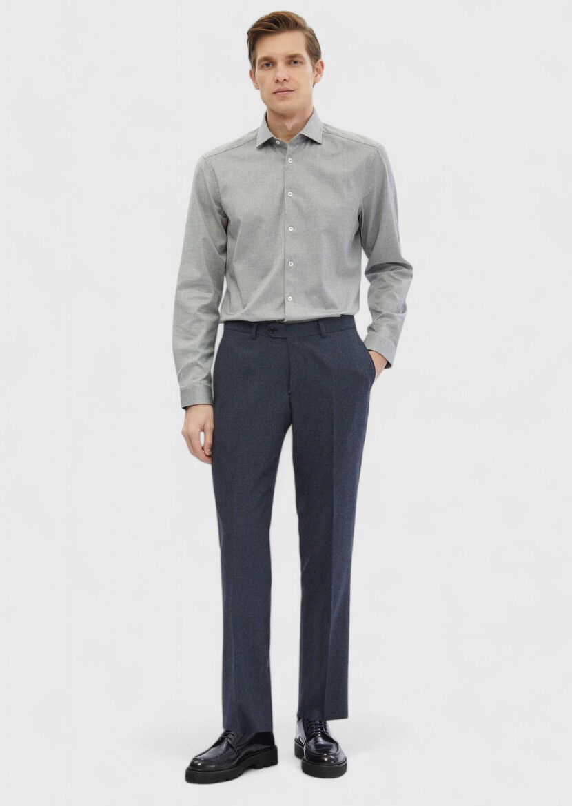 İndigo Düz Kumaş Regular Fit Klasik %100 Yün Pantolon - 1