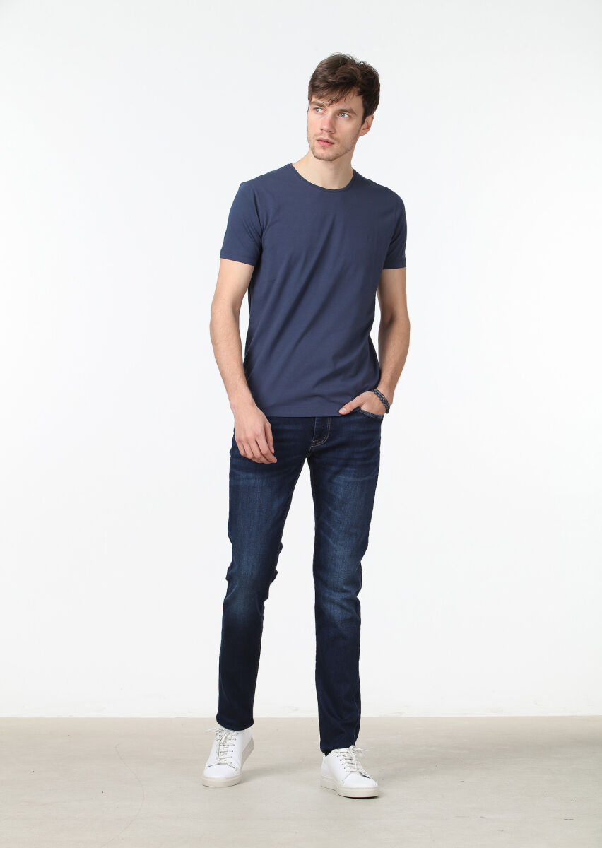 İndigo Düz Pamuk Karışımlı T-Shirt - 2