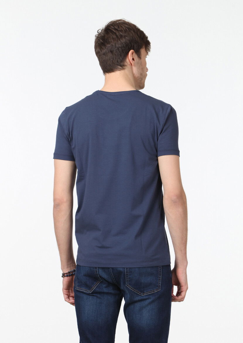 İndigo Düz Pamuk Karışımlı T-Shirt - 4