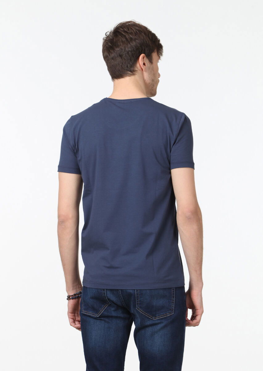 İndigo Düz Pamuk Karışımlı T-Shirt - 4