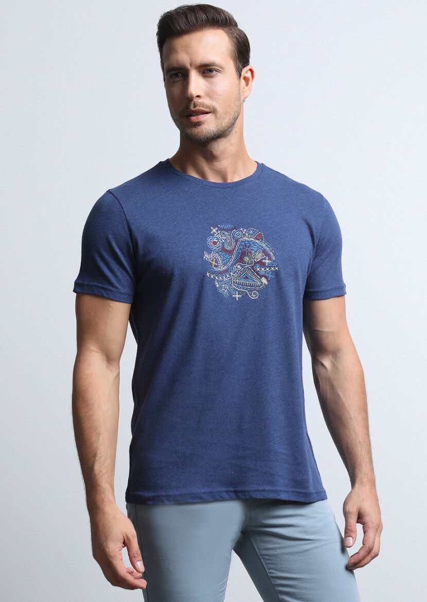 İndigo Düz Pamuk Karışımlı T-Shirt 