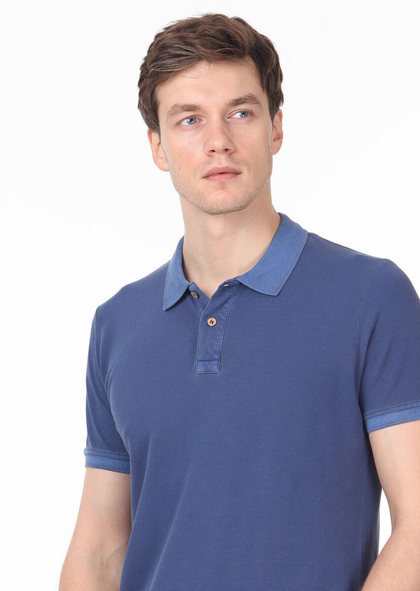 İndigo Düz Polo Yaka %100 Pamuk T-Shirt - 2