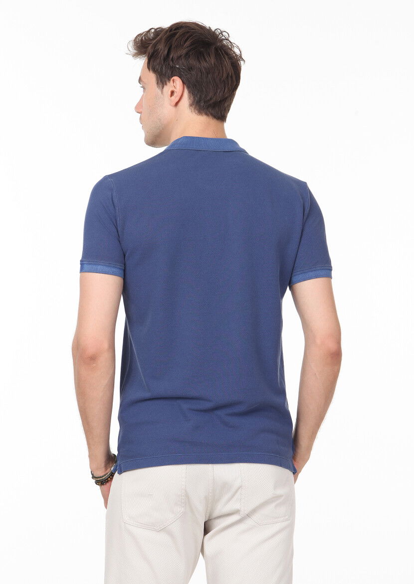 İndigo Düz Polo Yaka %100 Pamuk T-Shirt - 4