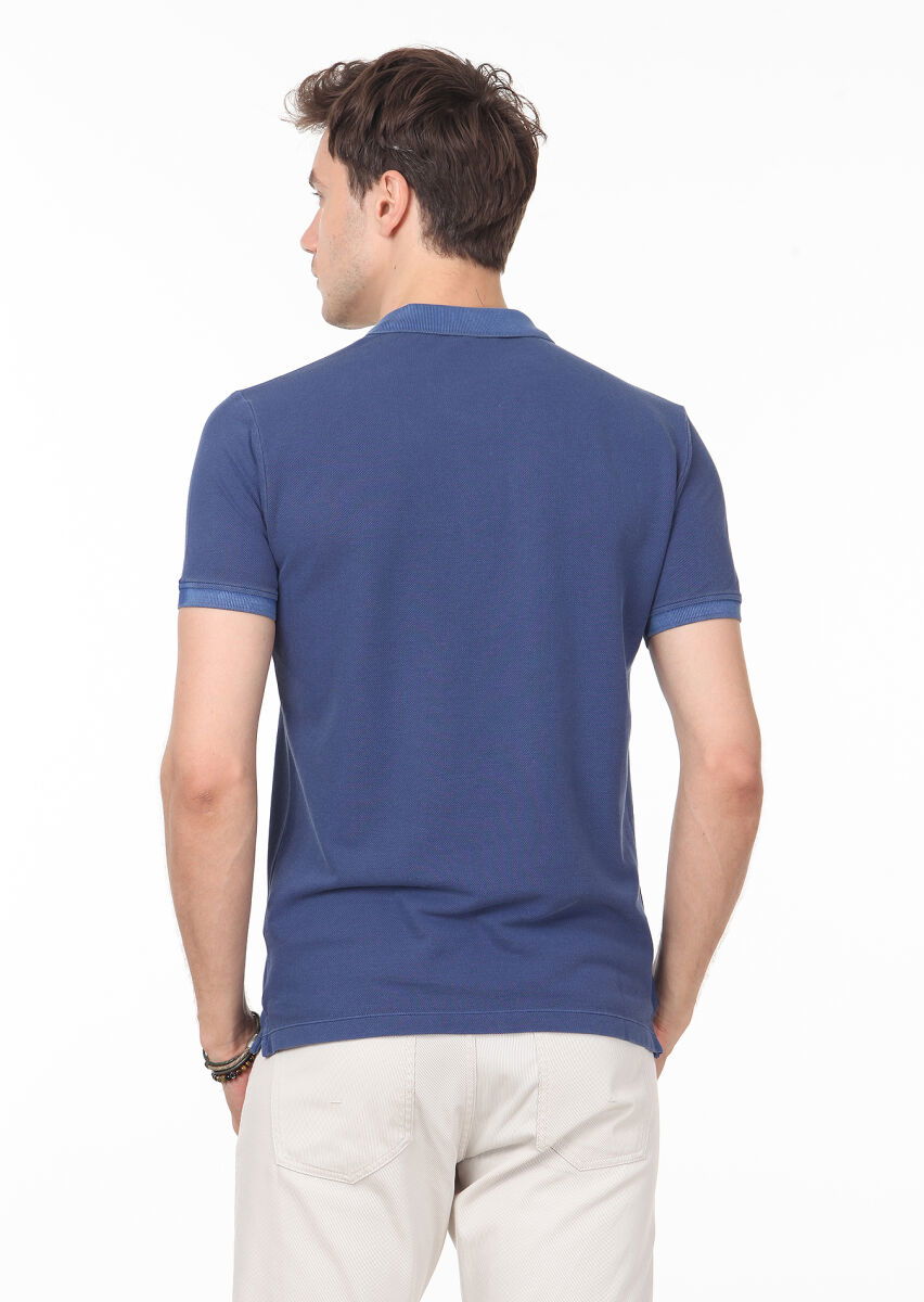 İndigo Düz Polo Yaka %100 Pamuk T-Shirt - 4