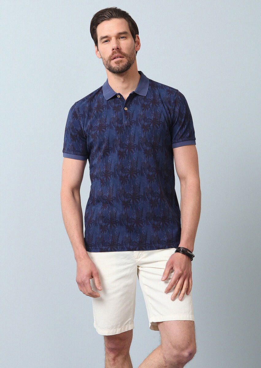 İndigo Düz Polo Yaka %100 Pamuk T-Shirt - 1