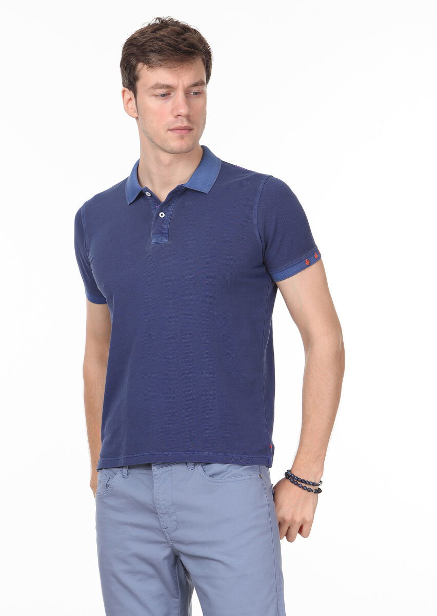 İndigo Düz Polo Yaka %100 Pamuk T-Shirt - 1