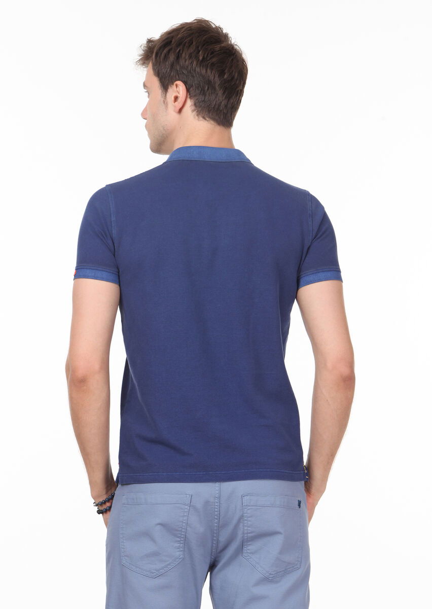 İndigo Düz Polo Yaka %100 Pamuk T-Shirt - 4
