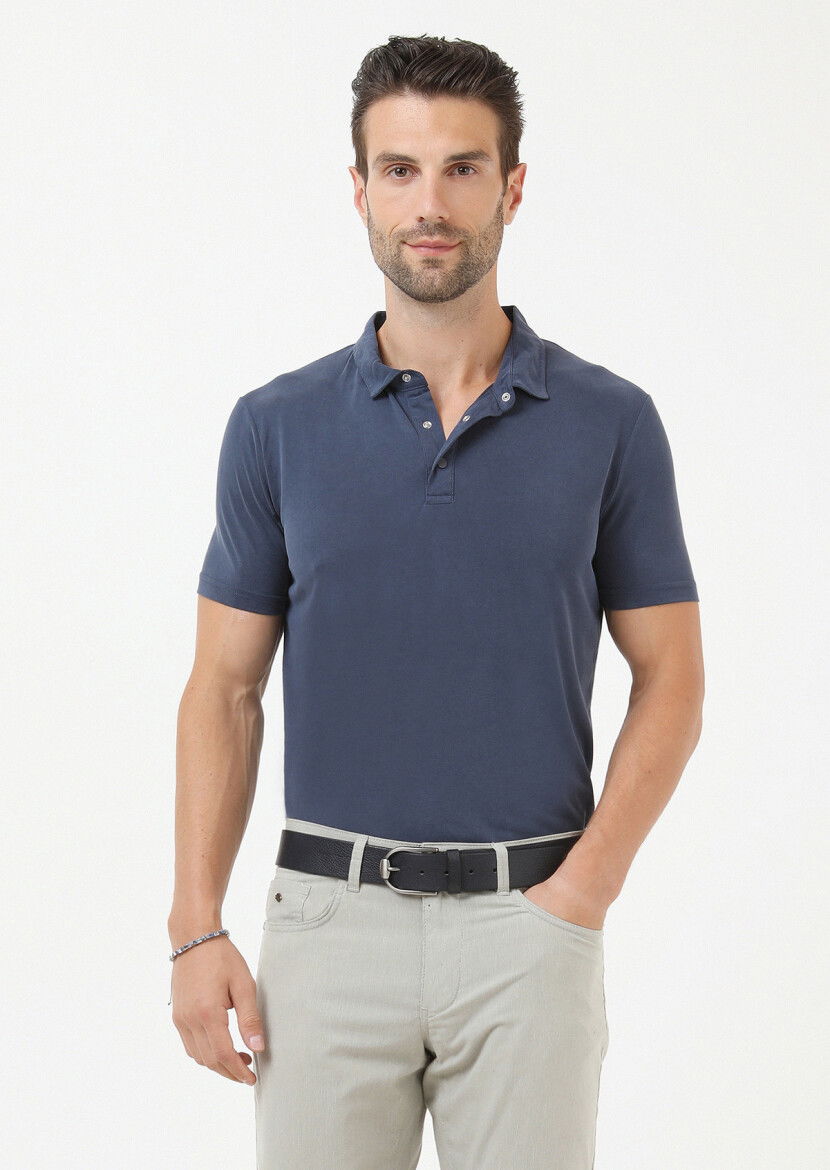 İndigo Düz Polo Yaka %100 Pamuk T-Shirt 