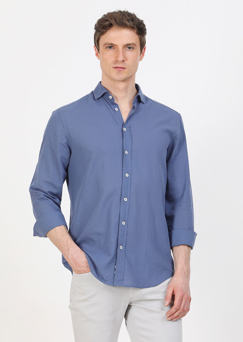 İndigo Düz Regular Fit Dokuma Casual %100 Pamuk Gömlek 