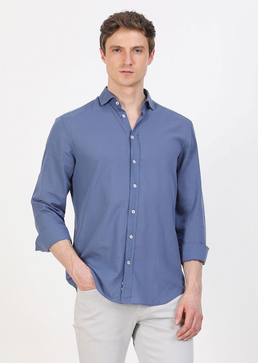 İndigo Düz Regular Fit Dokuma Casual %100 Pamuk Gömlek - 1