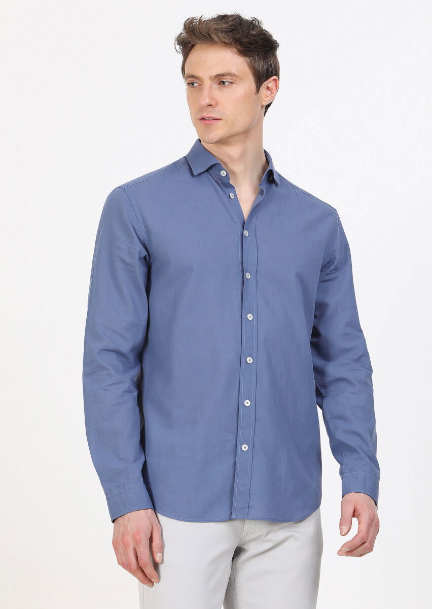 İndigo Düz Regular Fit Dokuma Casual %100 Pamuk Gömlek - 2