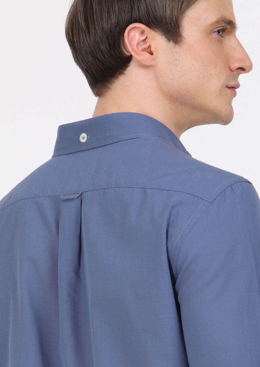İndigo Düz Regular Fit Dokuma Casual %100 Pamuk Gömlek - 4