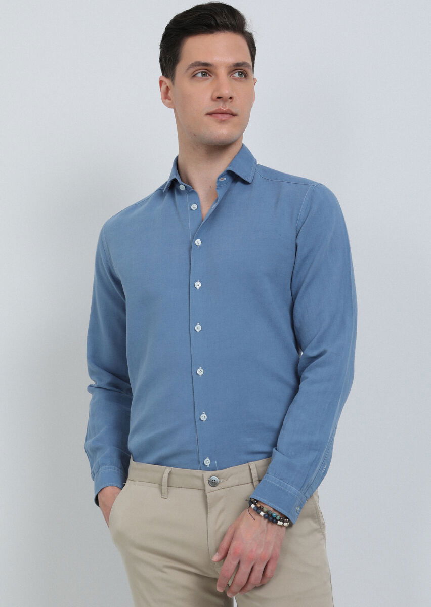 İndigo Düz Regular Fit Dokuma Casual Pamuk Karışımlı Gömlek - 4