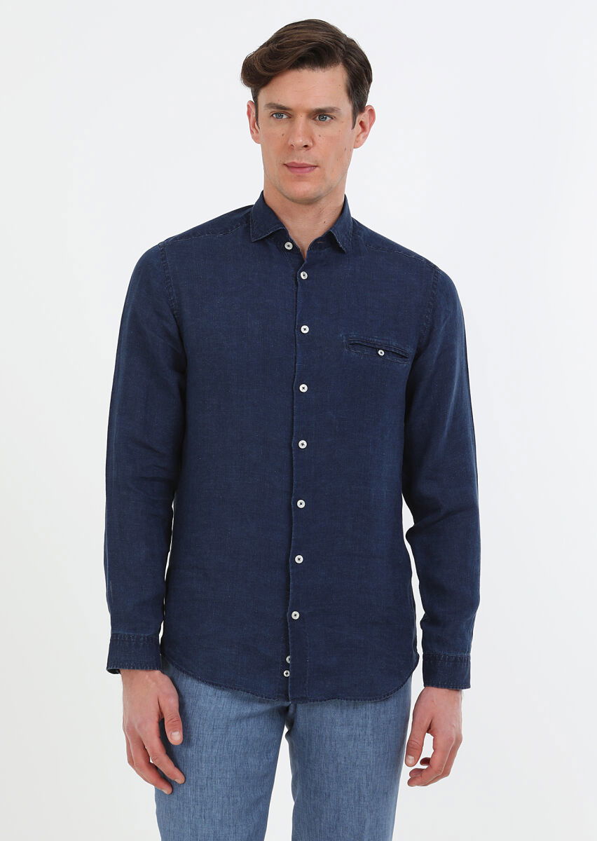 İndigo Düz Regular Fit Dokuma Casual Pamuk Karışımlı Gömlek - 1