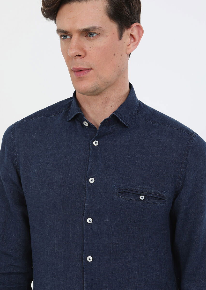 İndigo Düz Regular Fit Dokuma Casual Pamuk Karışımlı Gömlek - 2