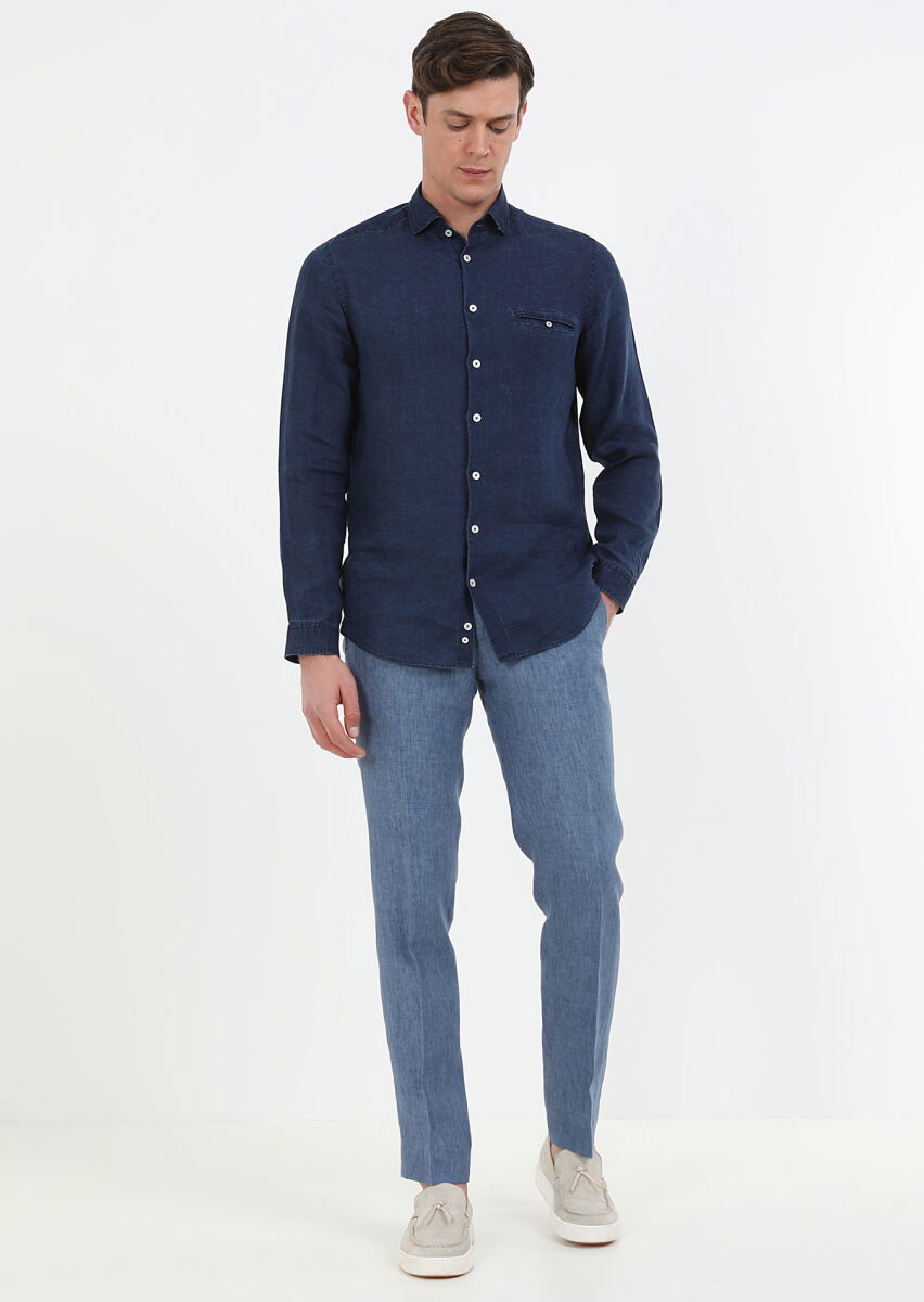 İndigo Düz Regular Fit Dokuma Casual Pamuk Karışımlı Gömlek - 3