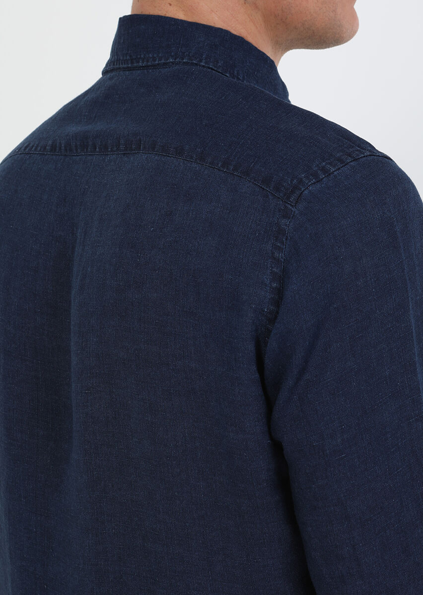 İndigo Düz Regular Fit Dokuma Casual Pamuk Karışımlı Gömlek - 4