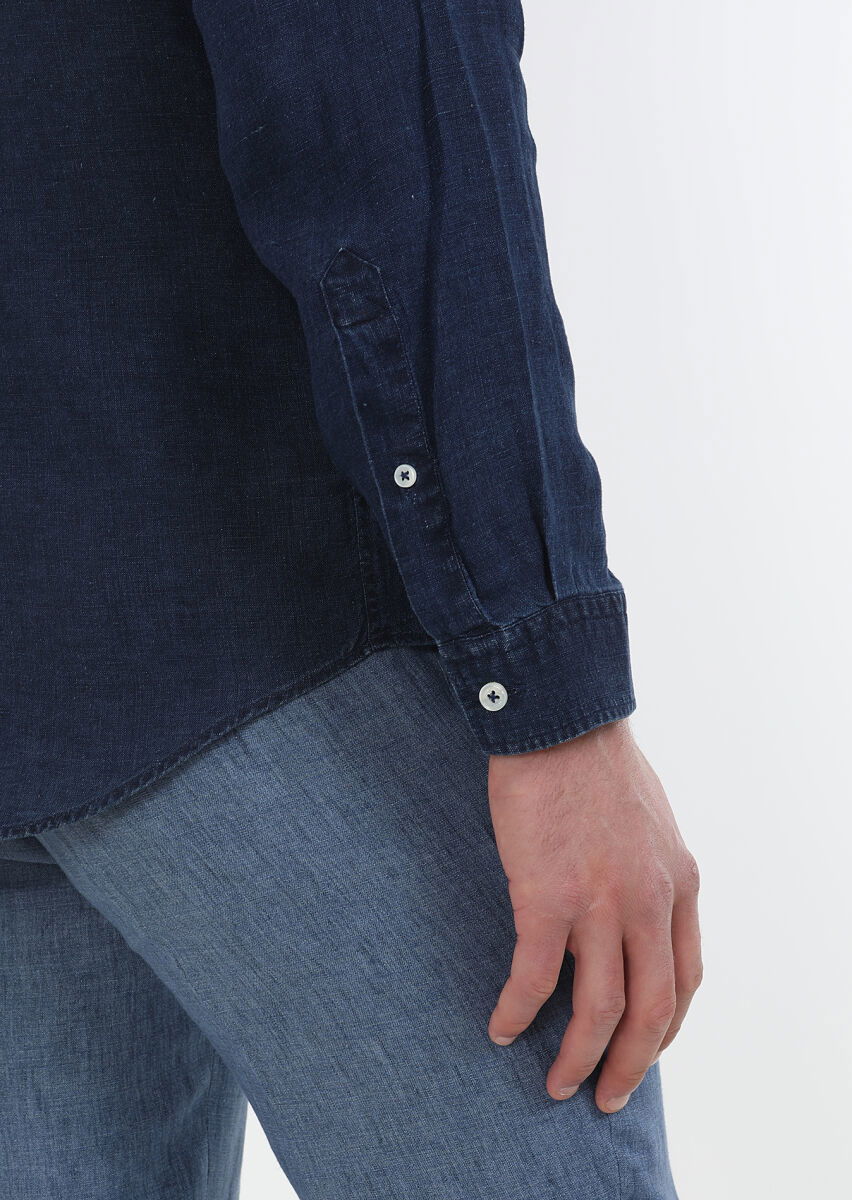 İndigo Düz Regular Fit Dokuma Casual Pamuk Karışımlı Gömlek - 5