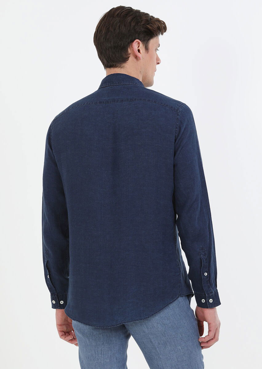 İndigo Düz Regular Fit Dokuma Casual Pamuk Karışımlı Gömlek - 6