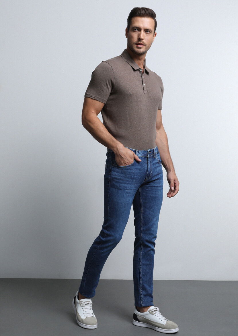 İndigo Düz Slim Fit Denim Pamuk Karışımlı Pantolon - 1