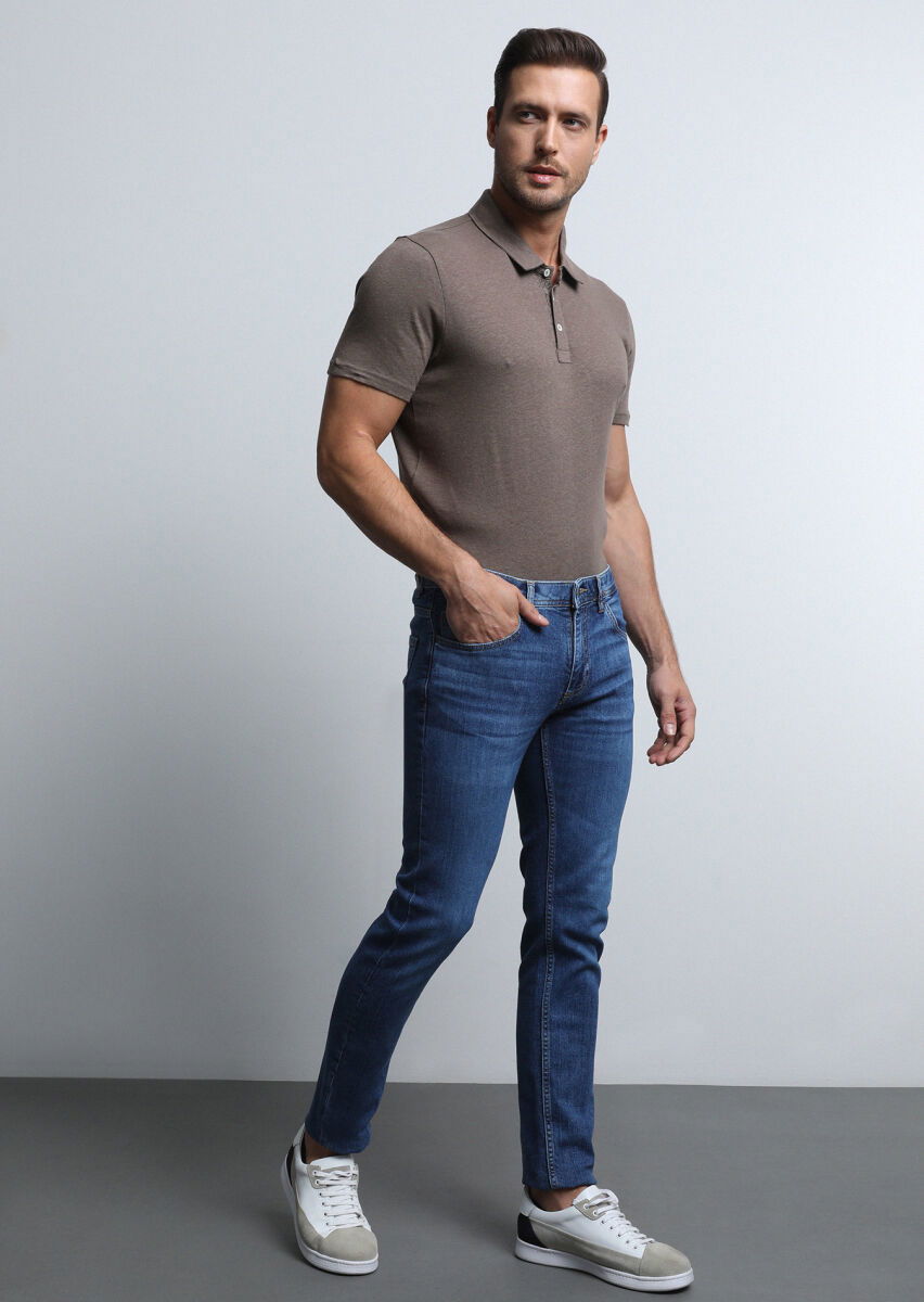 İndigo Düz Slim Fit Denim Pamuk Karışımlı Pantolon - 1