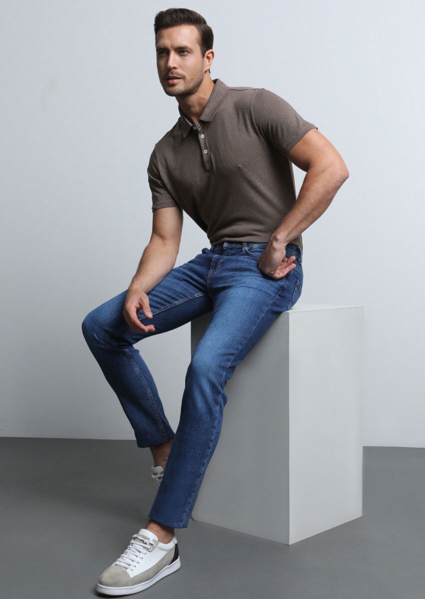 İndigo Düz Slim Fit Denim Pamuk Karışımlı Pantolon - 2