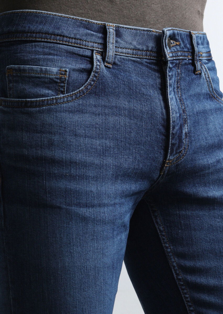 İndigo Düz Slim Fit Denim Pamuk Karışımlı Pantolon - 3
