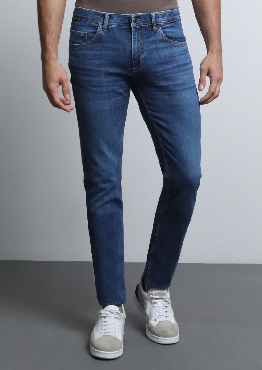 İndigo Düz Slim Fit Denim Pamuk Karışımlı Pantolon - 4