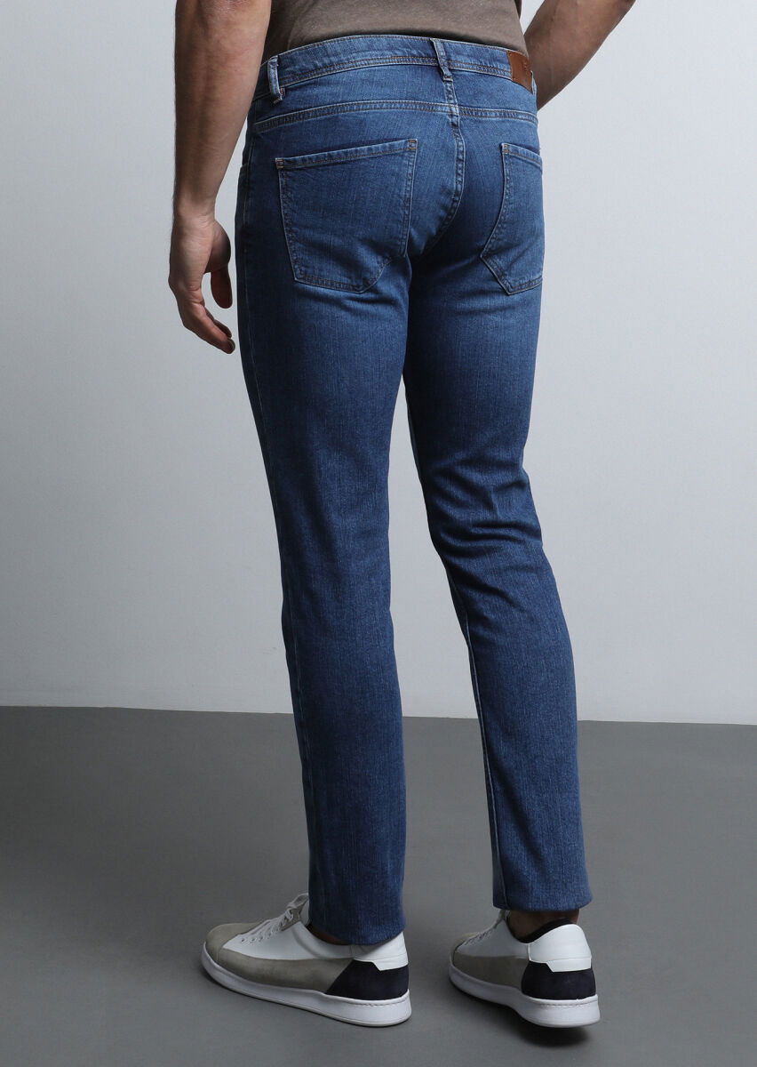 İndigo Düz Slim Fit Denim Pamuk Karışımlı Pantolon - 5