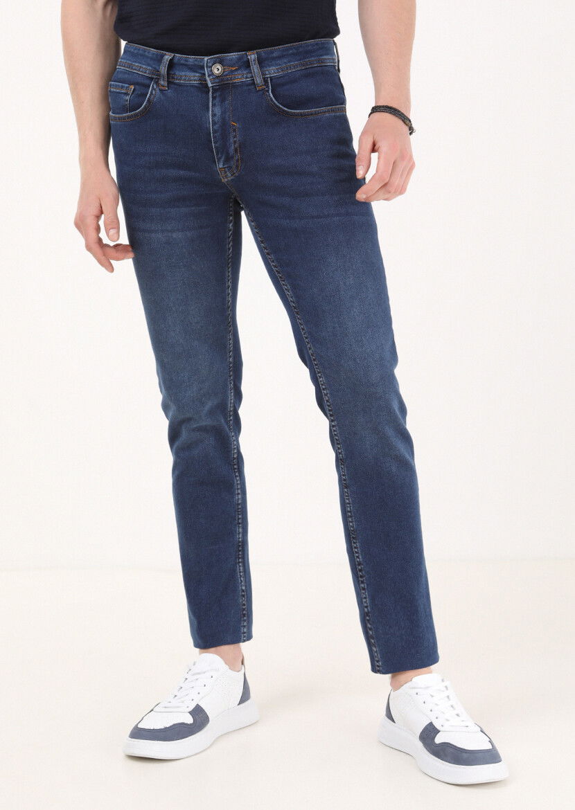İndigo Düz Slim Fit Denim Pamuk Karışımlı Pantolon - 1