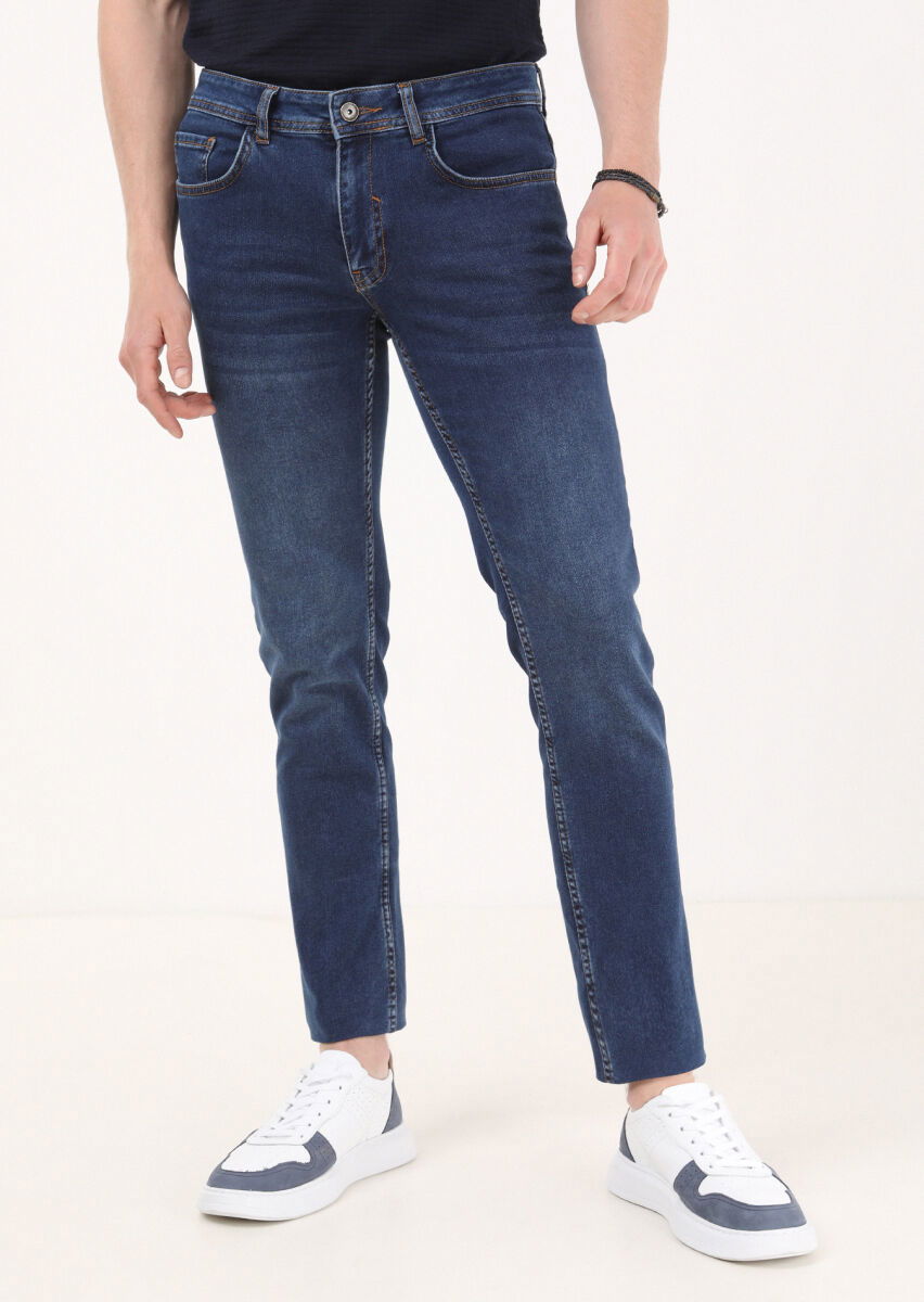 İndigo Düz Slim Fit Denim Pamuk Karışımlı Pantolon - 1